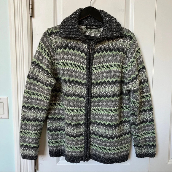 Vintage One on One Green Striped Marled Knit Grandma Full Zip Sweater - Picture 3 of 6